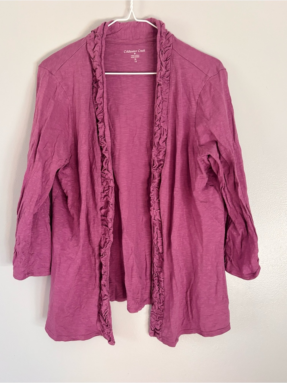 Coldwater Creek Purple Solid Knit Cotton Open Front Ruffle Cardigan XL